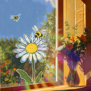 Iridescent daisy and bee static window clings for home decor with rainbow light effects