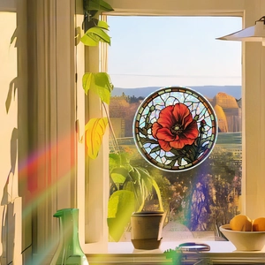 Stained Glass Style Red Poppy Flower Round Window Cling Static Adsorption Decorative PVC Sticker For Home Living Room Bedroom