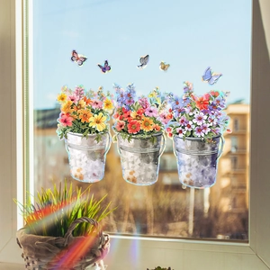 Film de fenêtre décoratif seau de fleurs et papillons avec effet arc-en-ciel irisé