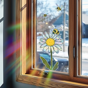 Rainbow effect static window film featuring daisy flower and honey bees on glass
