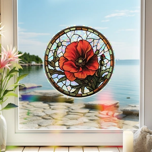 Round stained glass window cling with red poppy flower for home balcony decoration