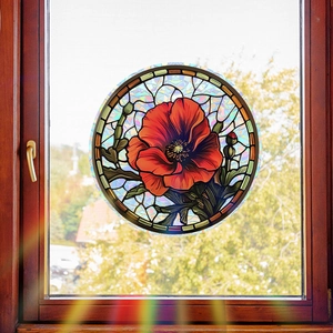 Stained glass window film with red poppy flower design for home balcony decoration