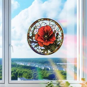 Stained glass style floral window film with a red poppy flower and a wood texture frame