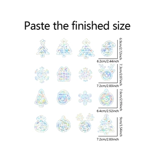 Detailed dimensions of 16-piece rainbow prism Christmas window decals with deer and snowflake