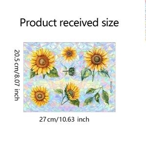 Detail of holographic prism window film with sunflower design measuring 20.5 x 27 cm