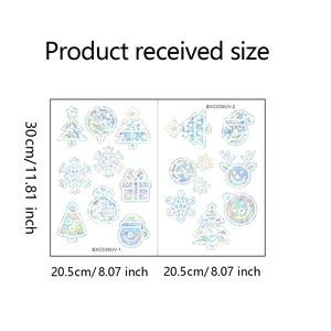 Detailed dimensions of laser Christmas window stickers featuring snowman and deer patterns