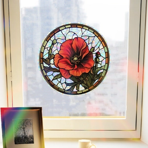 Round stained glass window film featuring red poppy flowers and green leaves for home decor