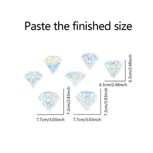 Detailed size chart for iridescent diamond-shaped window stickers with precise dimensions