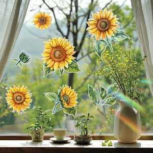 Sunflower static window clings with holographic edges for home glass decoration