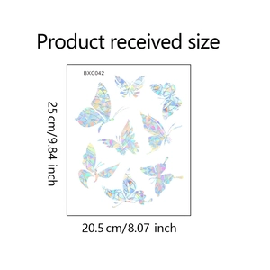 Detailed view of 8 holographic butterfly window stickers with exact product size dimensions