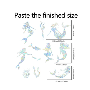 Detailed size guide for holographic mermaid sea life glass window stickers set