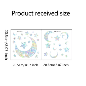 Detailed size specifications for laser star and moon iridescent static window stickers