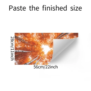 Detail view of red autumn forest wall sticker with size labels and self-adhesive backing
