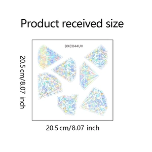Size chart showing 20.5cm square iridescent diamond pattern window film stickers