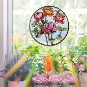 Rainbow laser window film featuring colorful rose flower patterns and frosted glass texture