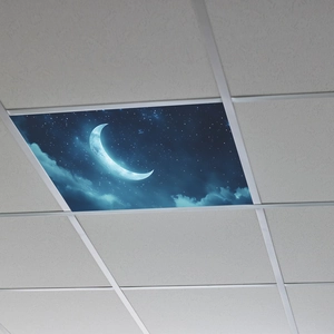Starry night sky ceiling panel sticker featuring moon and clouds in office grid