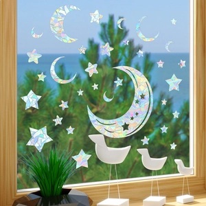 Rainbow prism static window decals featuring celestial moon and star patterns for home decor
