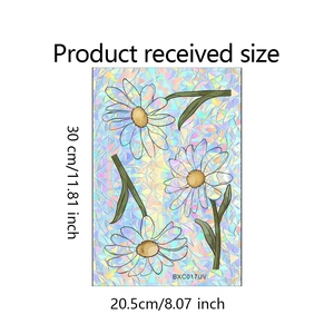 Detail view of daisy window film showing dimensions and holographic rainbow effect