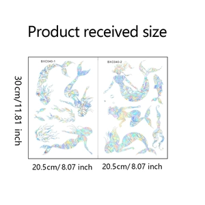 Detailed dimensions of holographic mermaid window stickers showing 30cm x 20.5cm measurements