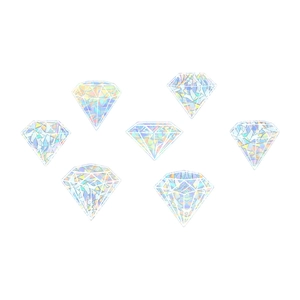 Detail of 7 holographic diamond glass stickers with iridescent prism effect for home decor