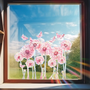 Fensterfolie mit rosa Löwenzahn und Schmetterlingen sowie Regenbogen-Prisma-Effekt