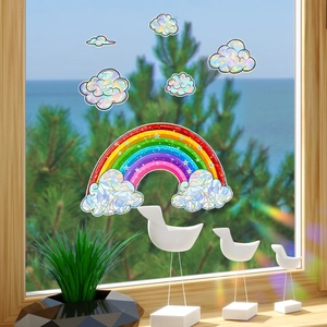 Rainbow and clouds static window film set with prism light refraction effect for home decor