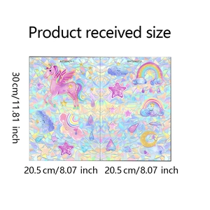 Tabla de tallas para pegatinas de ventana de unicornio rosa y arcoíris holográfico
