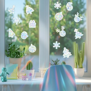 Holographic Christmas window stickers set with reindeer and snowflake rainbow light effects