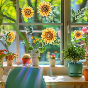 Watercolour sunflower static cling window stickers for home glass decoration on bright window