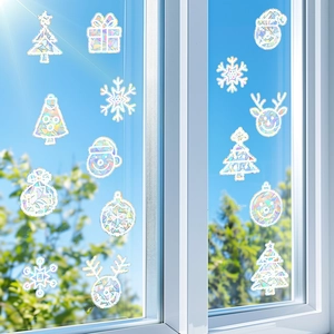 Christmas snowman deer window suncatcher stickers with rainbow prism light effects