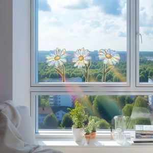 Daisy flower prism window clings set with rainbow holographic effect for home glass decor