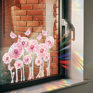 Statische Fensterfolie mit Regenbogeneffekt und rosa Löwenzahn-Schmetterlingsdesign