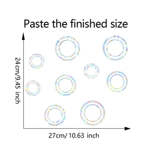 Detailed size chart for holographic rainbow circle bubble window stickers showing 24x27cm dimensions