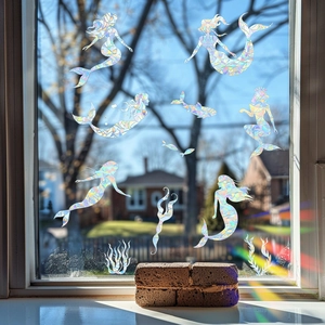 Rainbow prism window stickers with mermaid and ocean silhouettes for home glass decoration