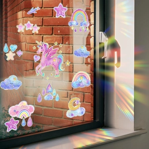 Pegatinas de ventana de unicornio rosa y arcoíris con reflejos de luz de colores vivos
