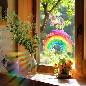 Pellicola decorativa per finestre con unicorno arcobaleno ed effetti prisma colorati