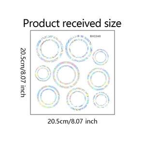 Macro view of 8 rainbow laser iridescent circular static window film stickers 20.5cm