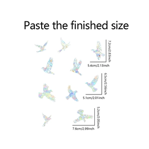 Detailed dimensions of 10-piece laser holographic rainbow dove window stickers set