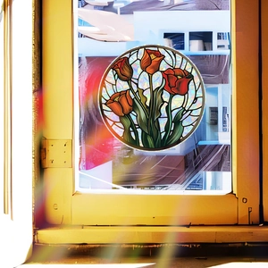 Rainbow laser stained glass window film with red tulip design in a circular art style