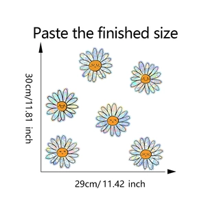 Detail view of 6-piece daisy holographic stickers with size guide 29x30cm