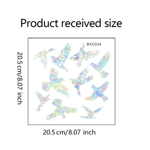 Product sheet showing 10 holographic dove window stickers with 20.5cm size layout