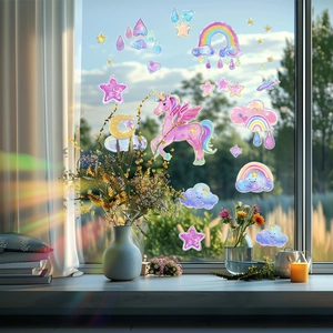Pegatinas estáticas para ventanas unicornio rosa arcoíris nube para decoración casa