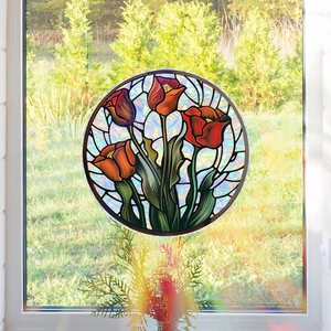 Rainbow laser rose stained glass window film with decorative static cling tulip design