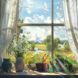 Rainbow holographic bird window stickers set for sun catching and home glass decoration