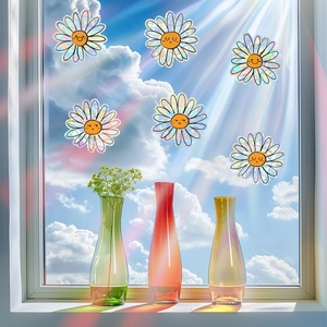 Rainbow holographic daisy window stickers set with cartoon smiley faces for glass decor