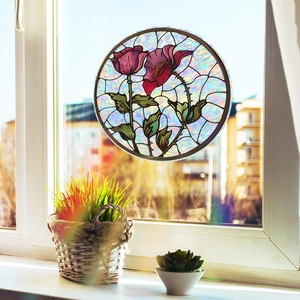 Autocollant de Fenêtre Rond Style Vitrail Vintage Rose Rouge Coquelicot Attrape-Soleil Décalcomanie en PVC pour Maison