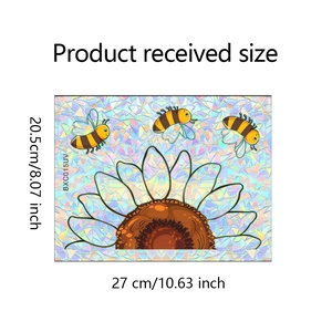 Detail view showing sunflower and bee window sticker dimensions and crystal texture