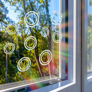 Rainbow prism static cling window film with geometric circle patterns for home decor