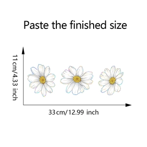 Tableau des tailles détaillé pour trois autocollants marguerites de 33 cm de large