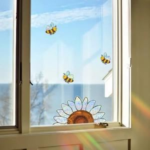 Rainbow effect sunflower and bee static window clings set for glass windows